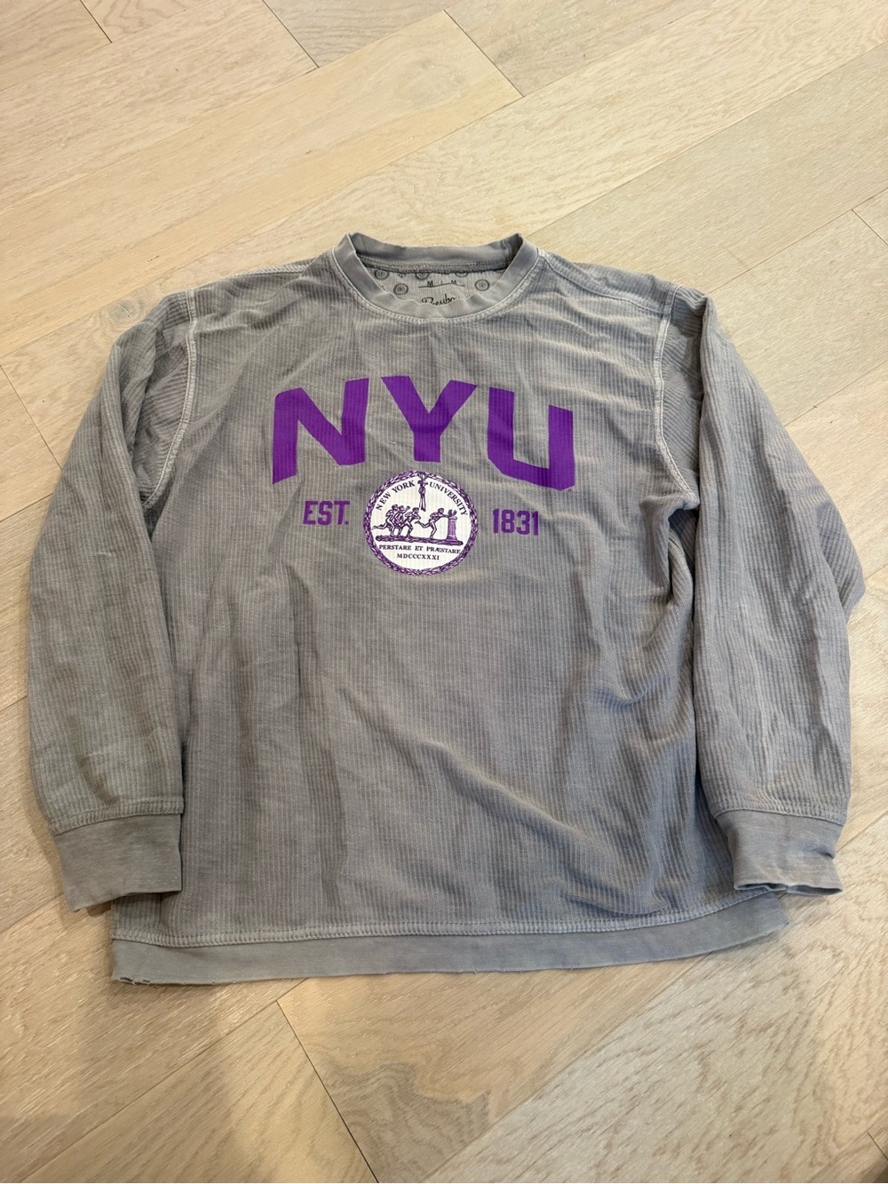 Pressbox Gray Waffle Knit NYU Sweatshirt with Purple Logo